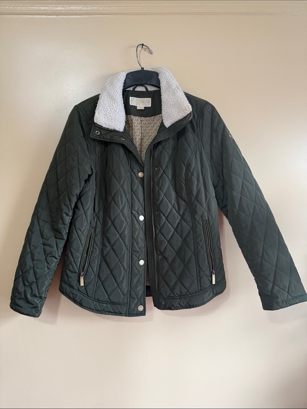 Michael Kors Quilted Olive Puffer Jacket with White Sherpa Collar
